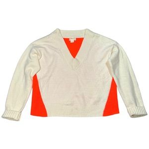 Maeve by Anthropologie Orange and Cream Color-Block Soft V-Neck Sweater Medium